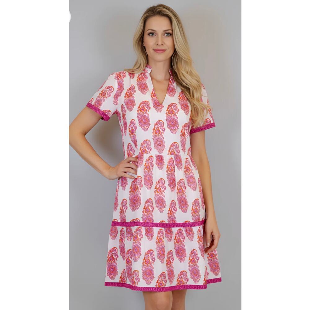 LA PLAGE Alison Shortsleeve Dress Floral Paisley in White Pink and Orange Small